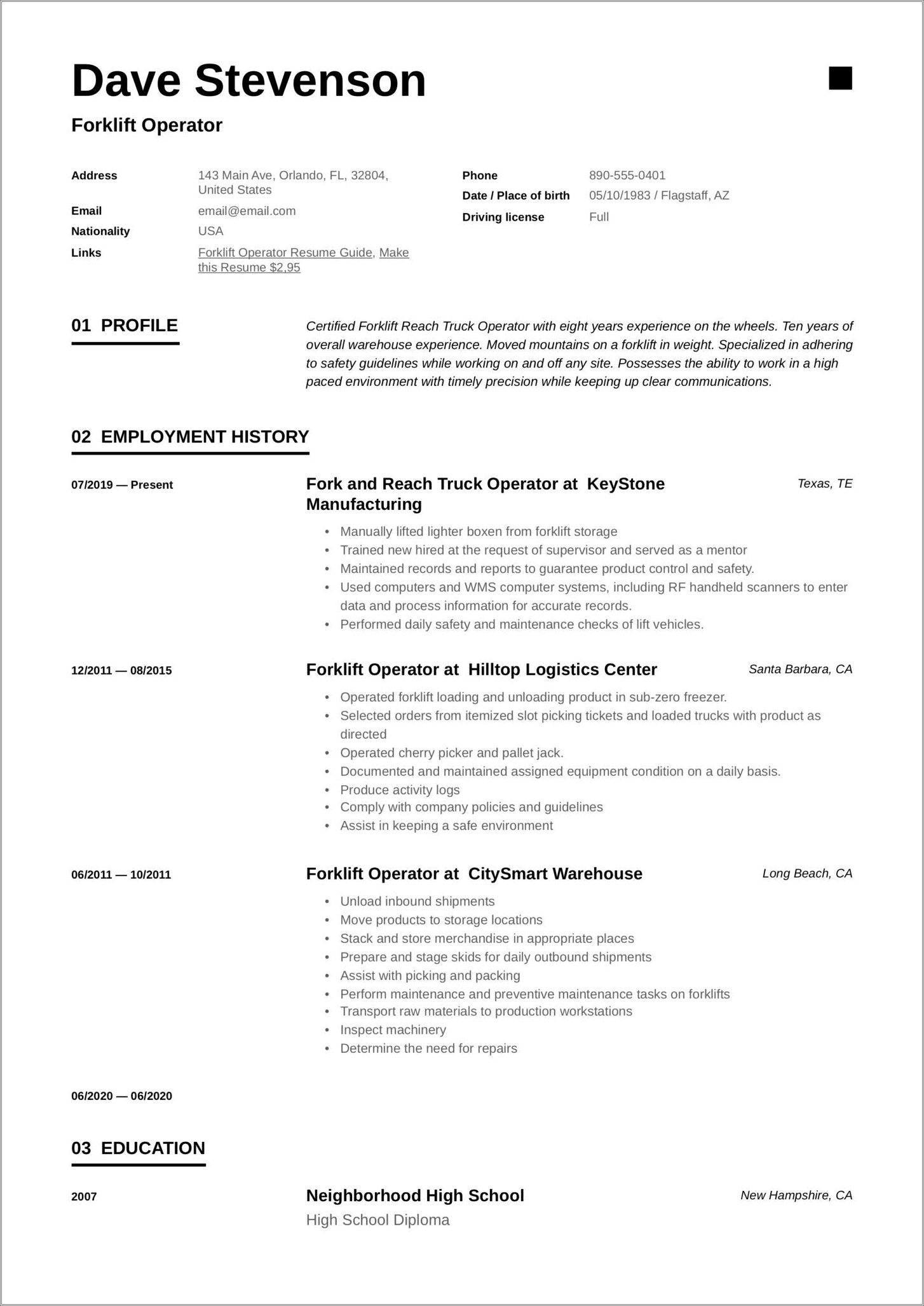 Objective Summary For Forklift Operator Resume