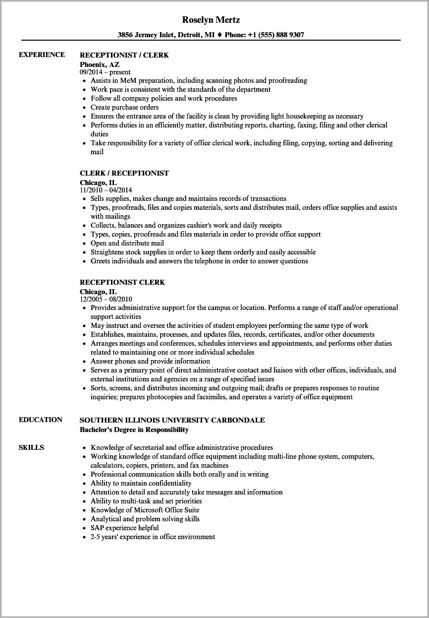 Objectives For A Resume For Receptionist