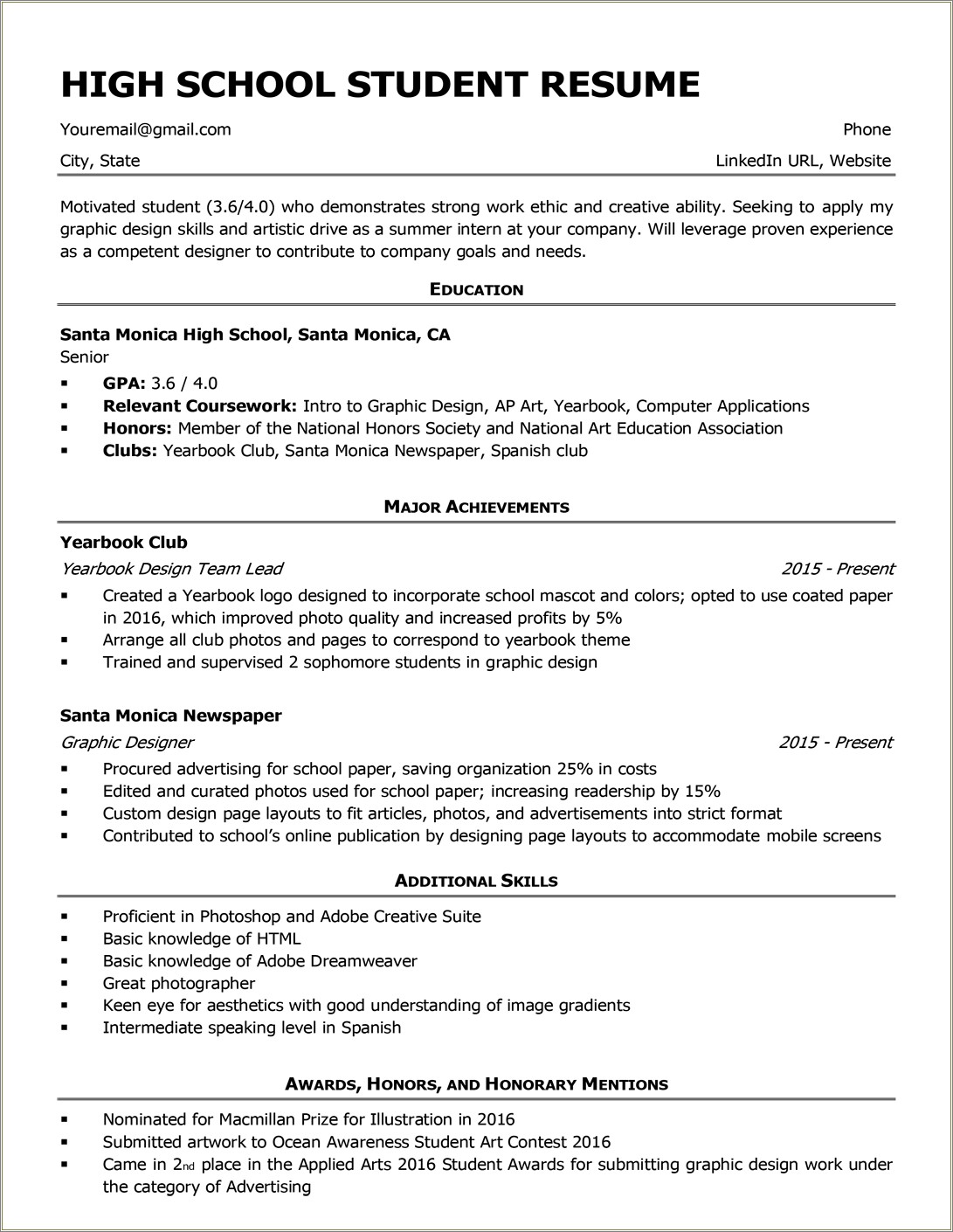 Objectives For High School Graduate Resume