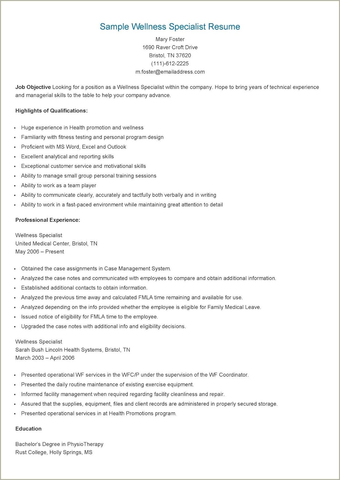 Objectives For Physical Fitness Business Resume