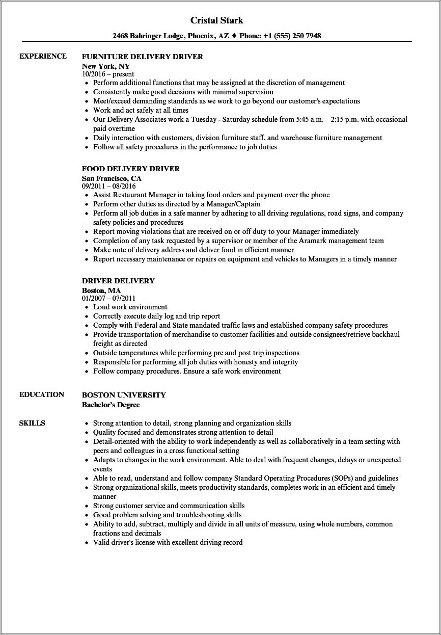 Objectives For Resume For Delivery Driver