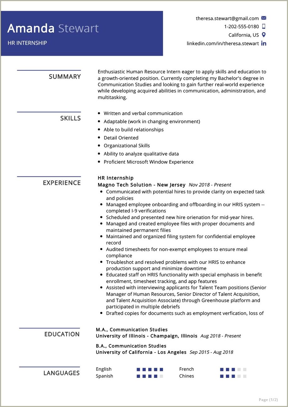 Objectives For Resume For Human Resources
