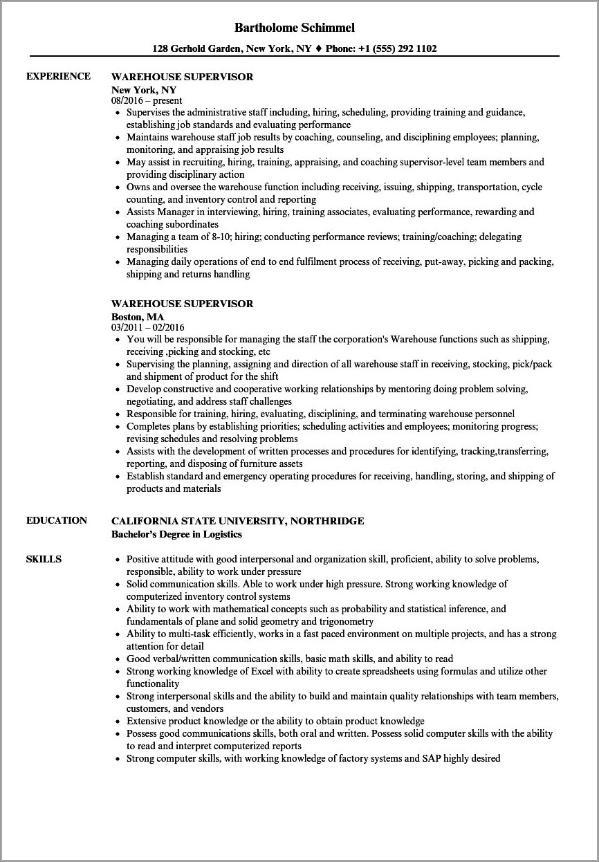 Objectives For Resume Ware House Management Position