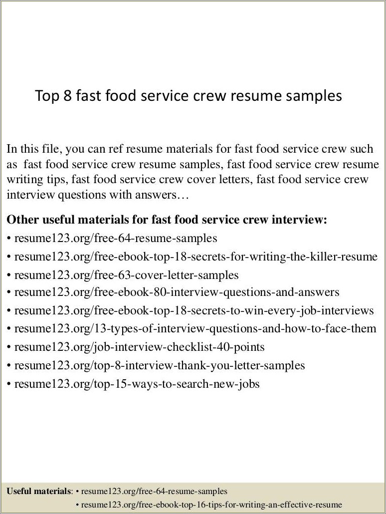 Objectives In Resume For Fast Food Crew Jollibee