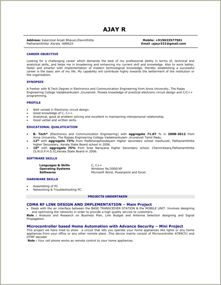 Objectives Of Electronics And Communication Engineering In Resume