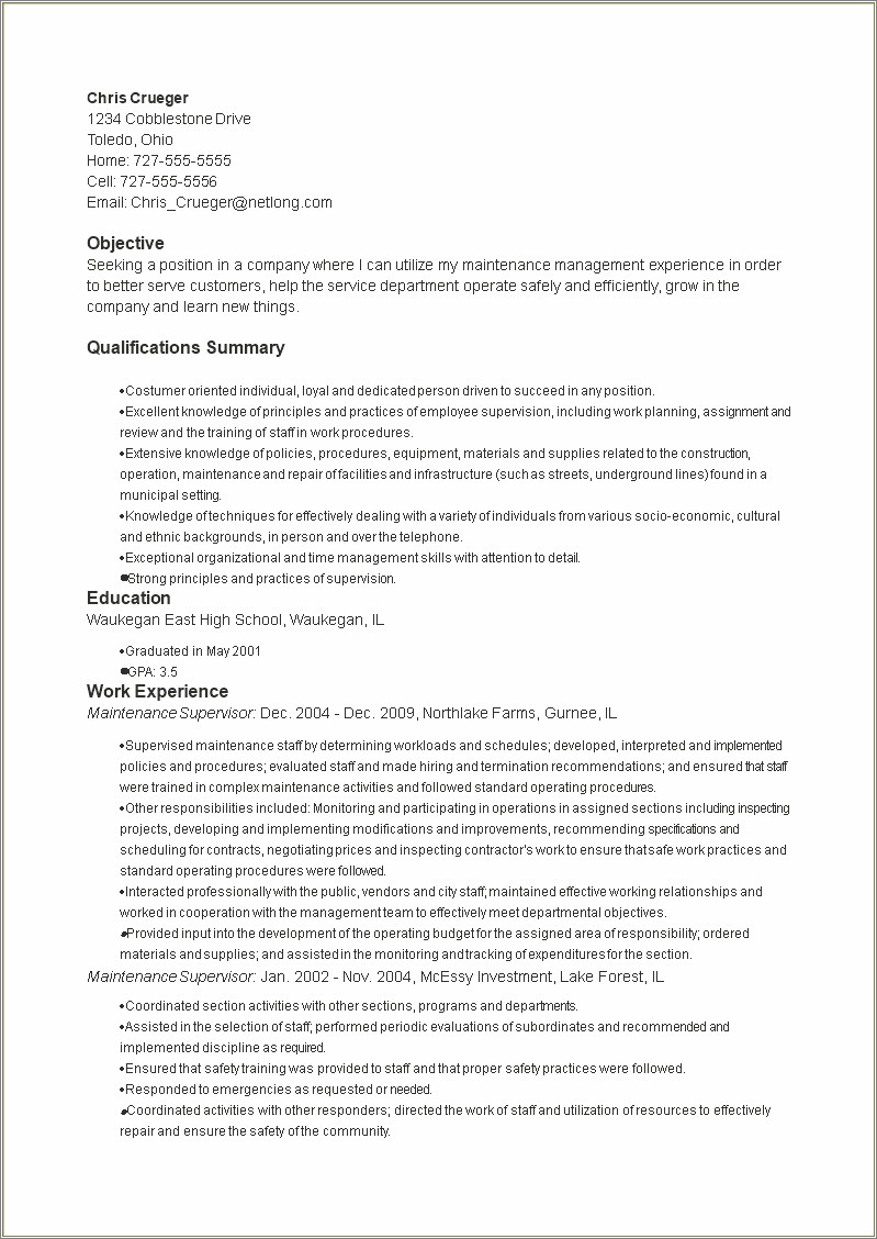 Objectives On A Resume For Maintanance Position