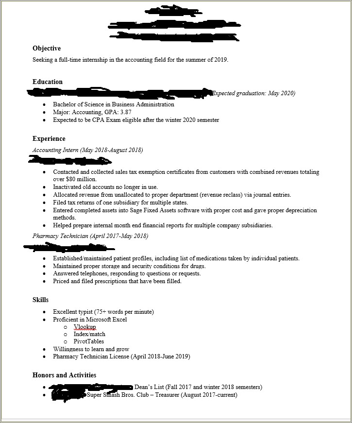 Objectives On A Resume Pharmacy Intern