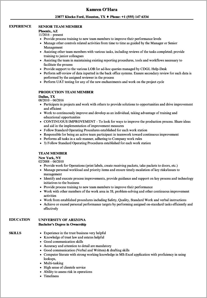 Objectives On A Resume Team Member