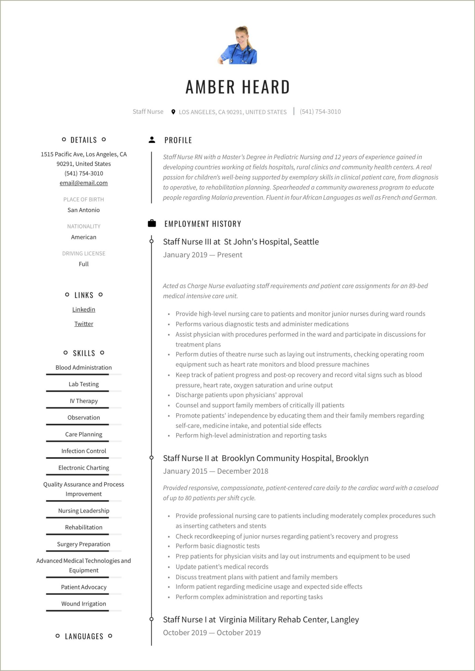 Obstetrics Acute Care Nurse Resume Sample