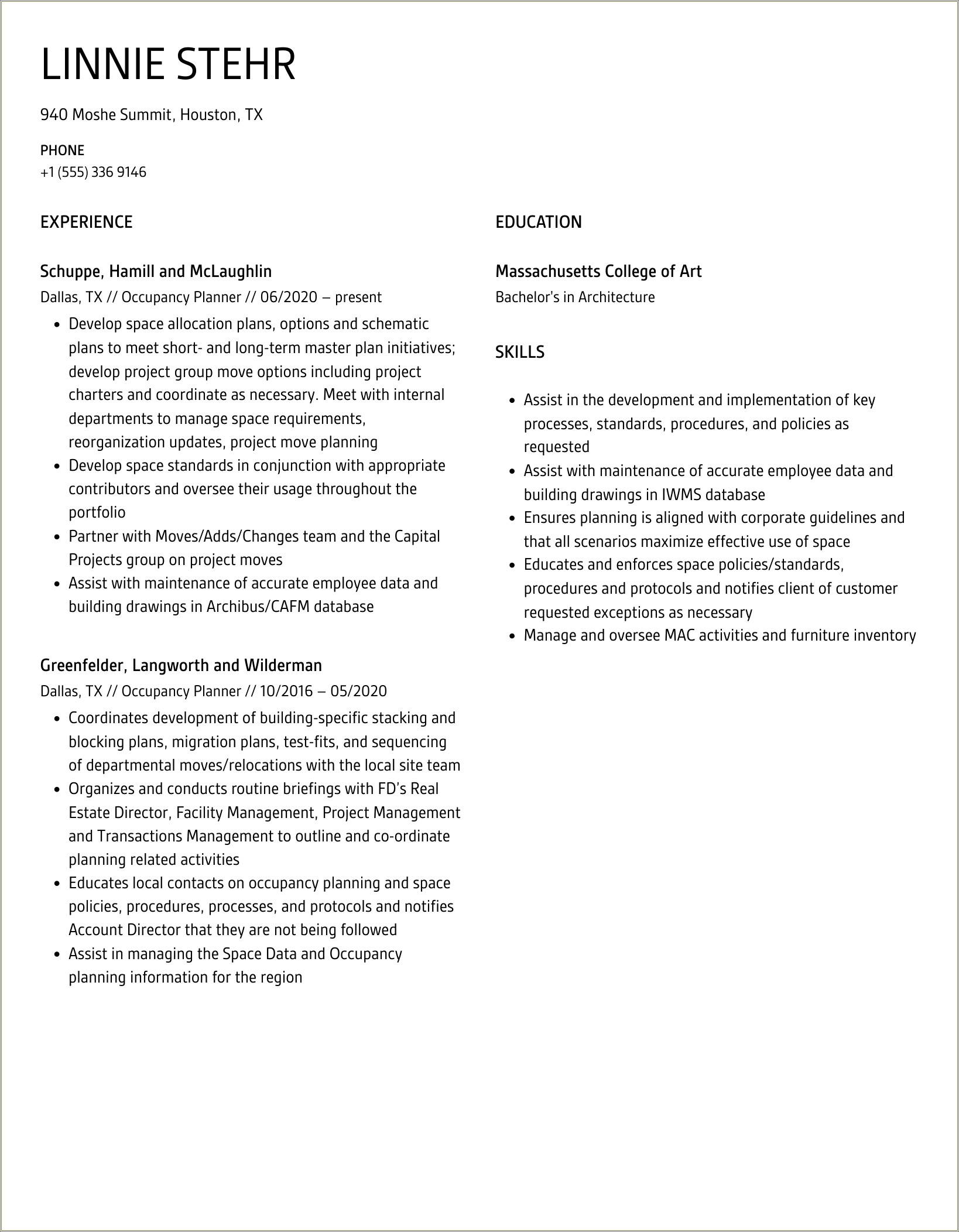 Occupancy Planner With Marketing Experience Resume