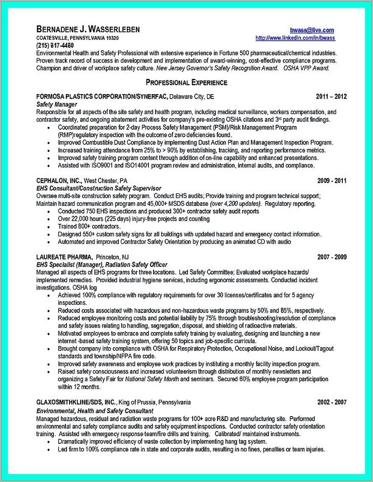 Occupational Health And Safety Resume Sample