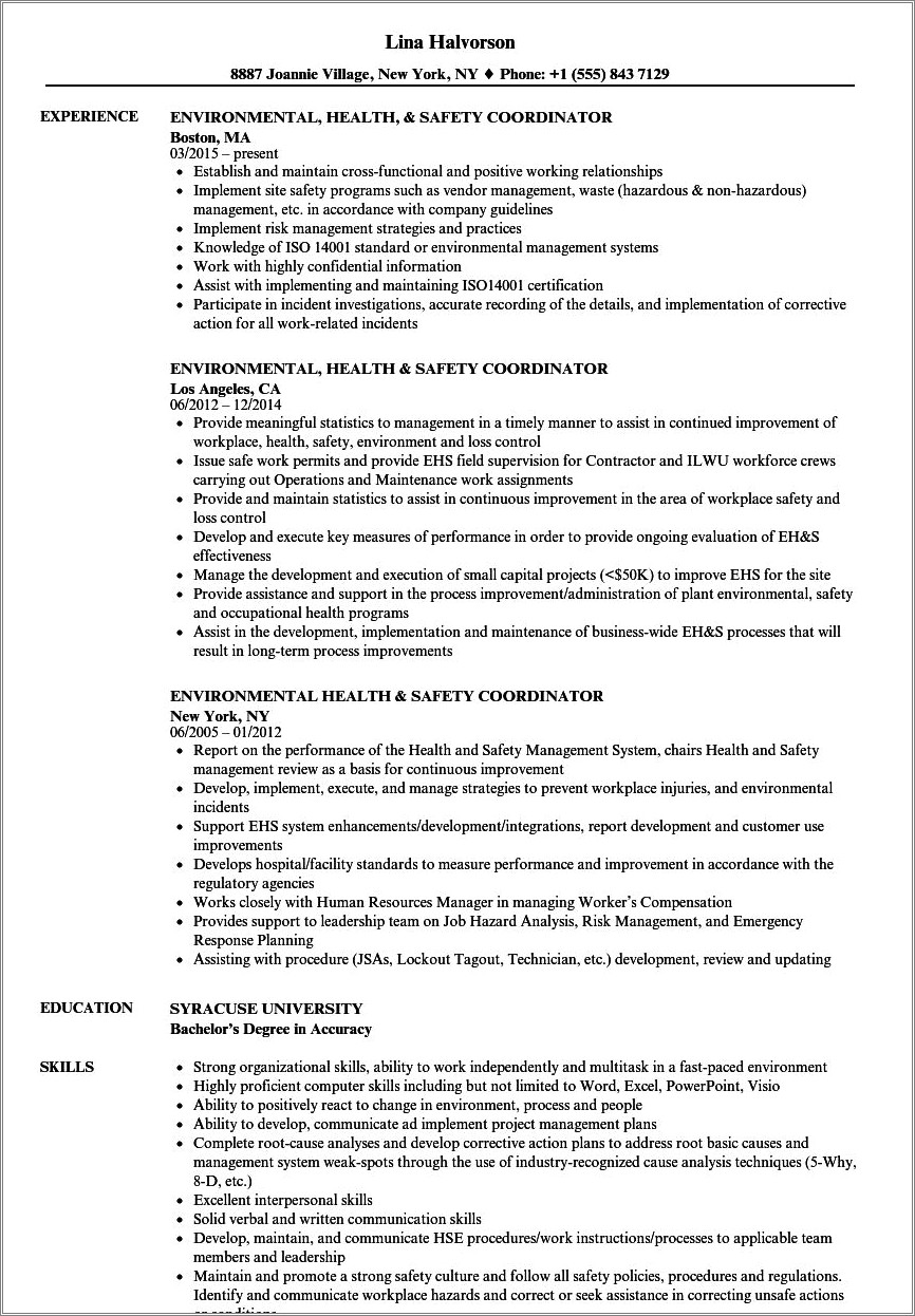 Occupational Health And Safety Resume Templates