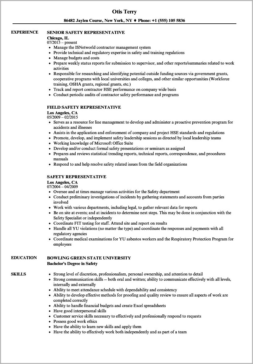 Occupational Health And Safety Sample Resume