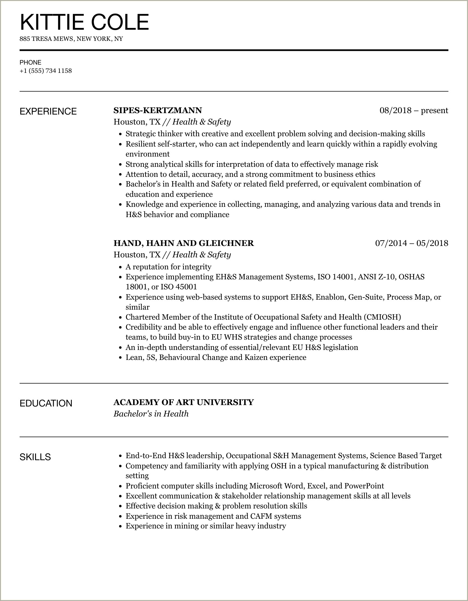 Occupational Health And Safety Specialist Resume Sample