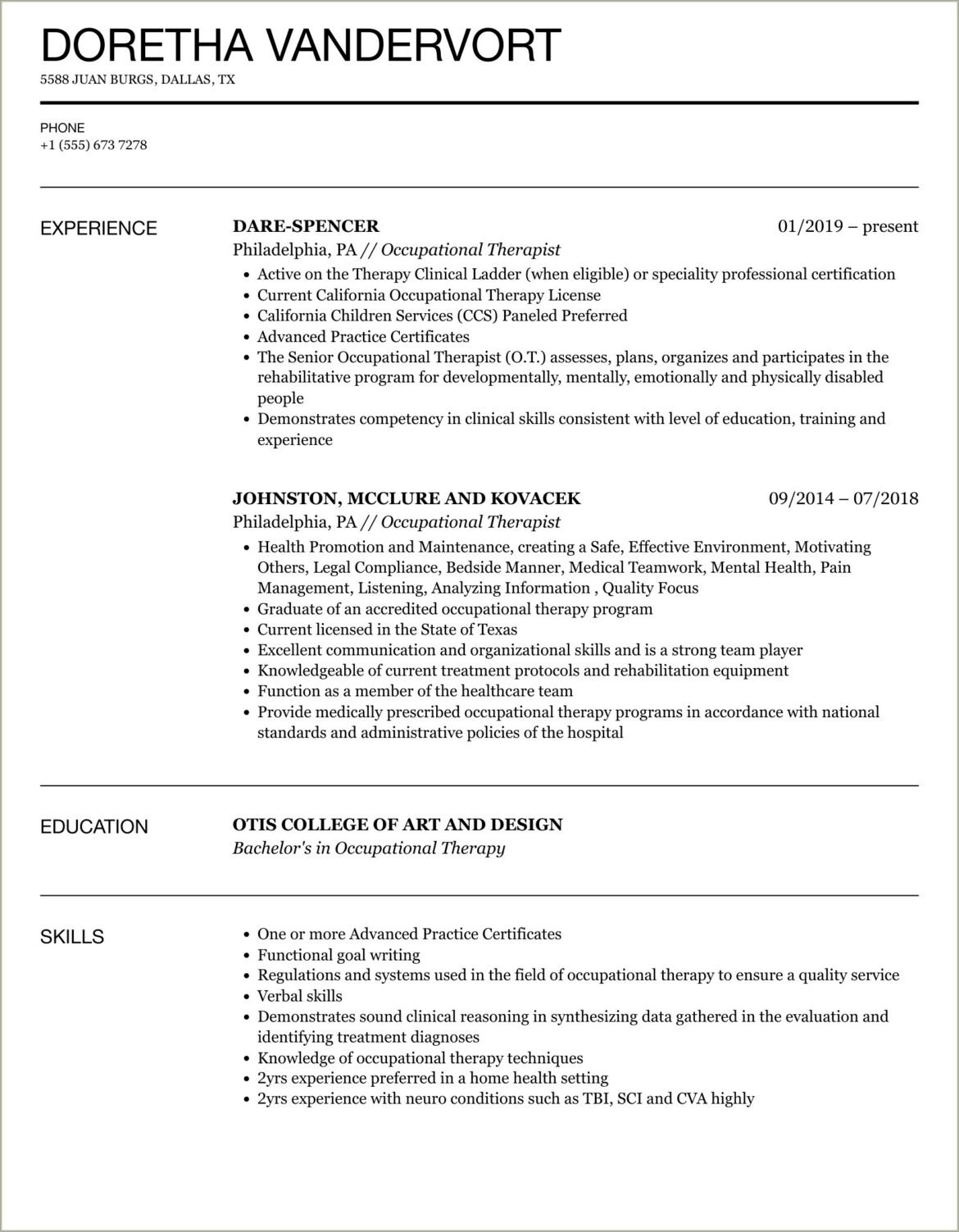 Occupational Therapist Occupational Therapy Resume Sample