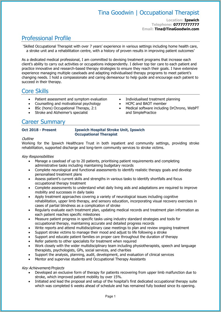 Occupational Therapy Assistant Summary For Resume