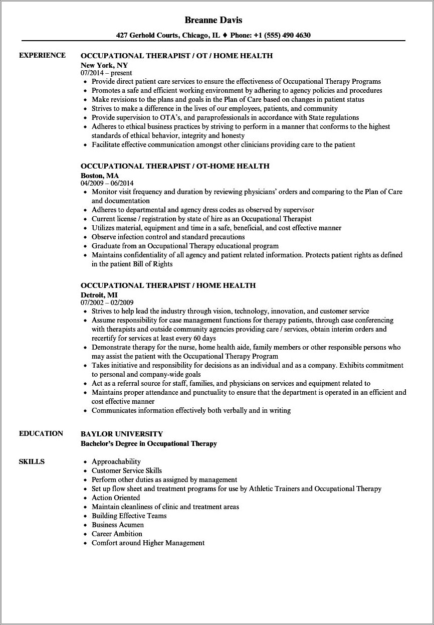 Occupational Therapy Level 2 Fieldwork Objective Resume