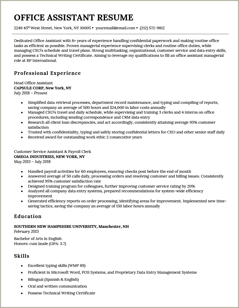 Office Administrative Assistant Objective On Resume