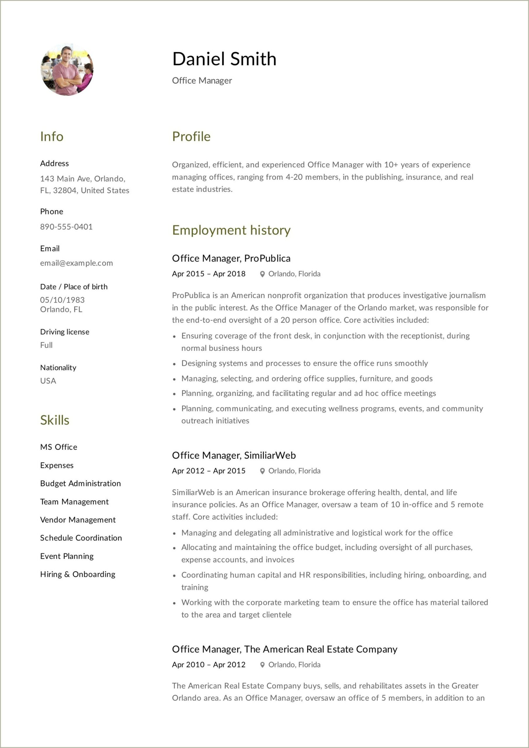 Office Manager For Construction Company Resume