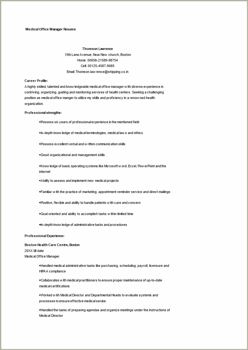 Office Manager For Medical Office Resume