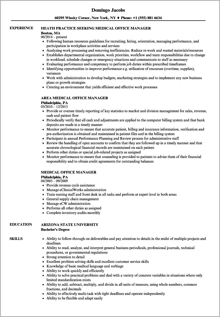 Office Manager Resume Medical License Insurance