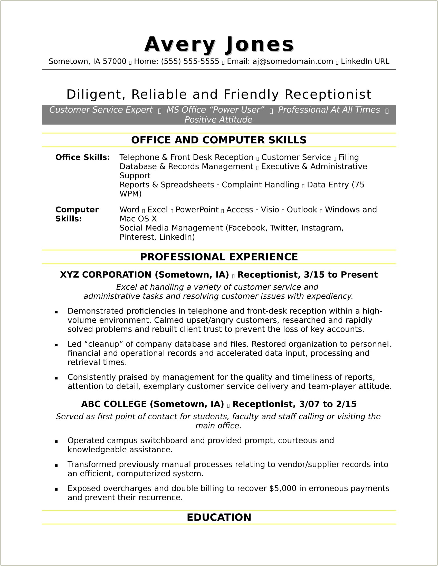 Office Receptionist Job Description For Resume