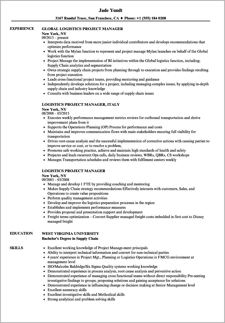 Oil And Gas Industry Project Manager Resume