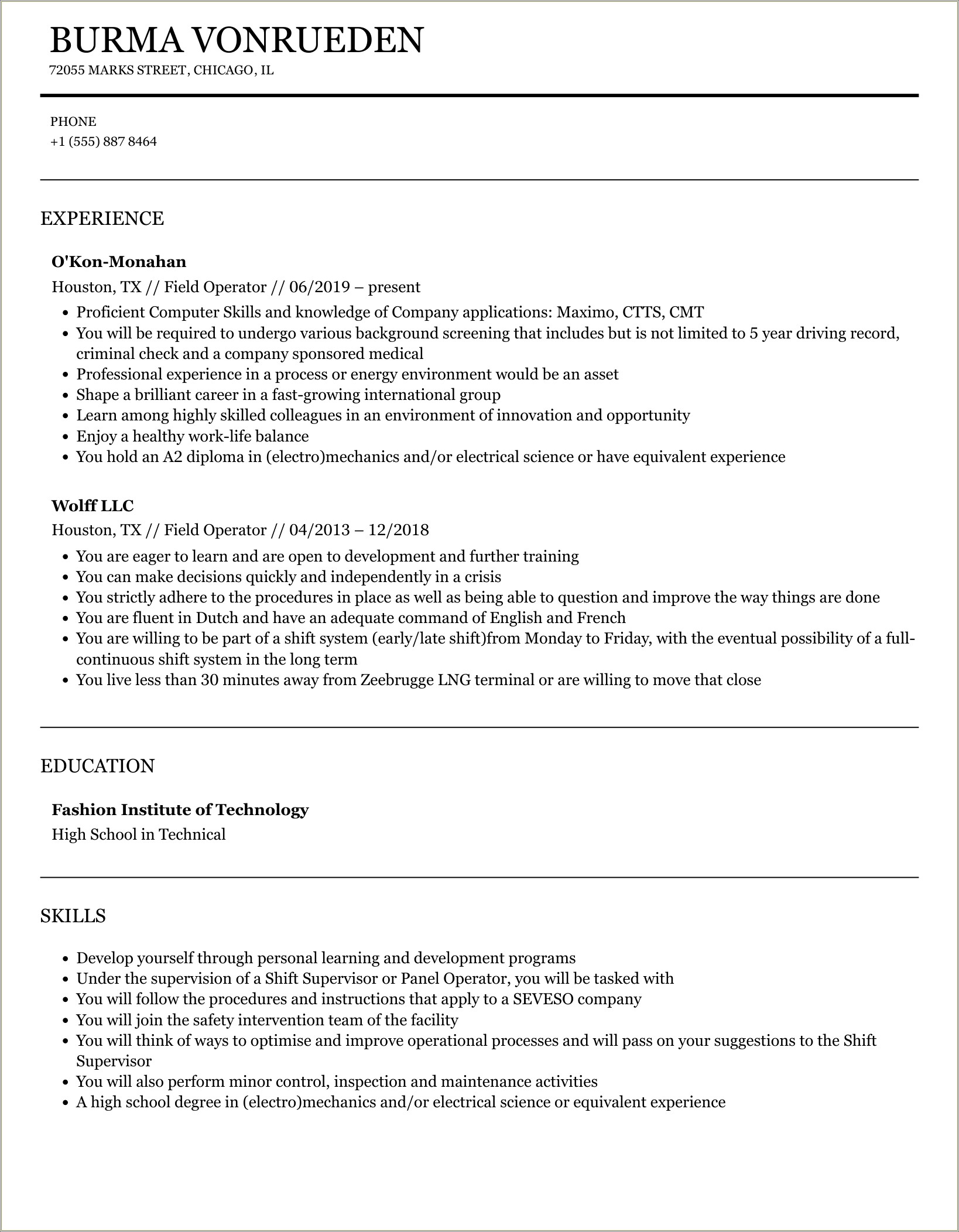 Oil And Gas Operator Resume Examples