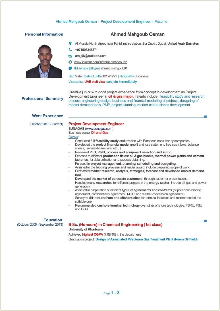 Oil And Gas Project Engineer Resume Summary