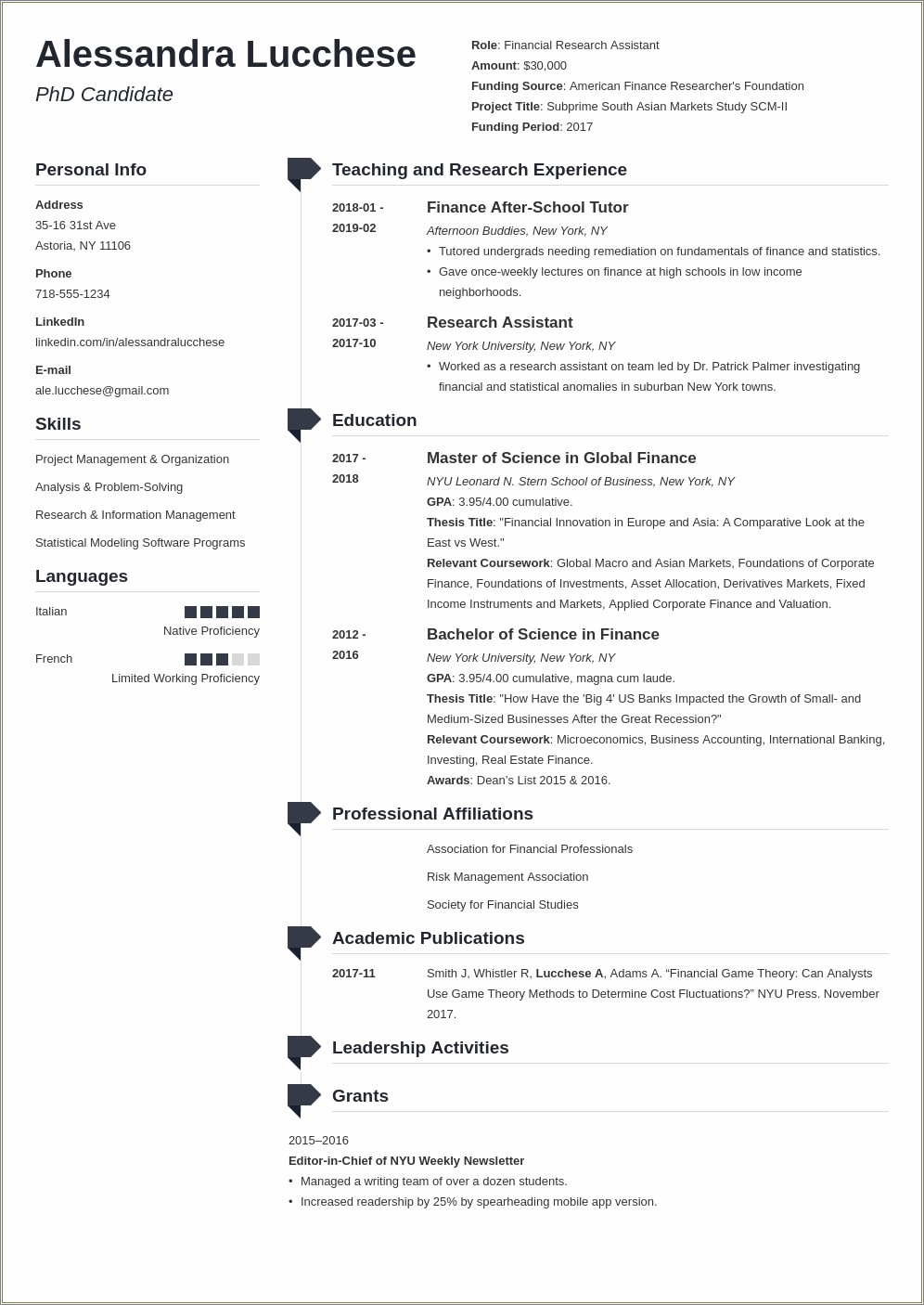 One Column Resume Grad School Admission