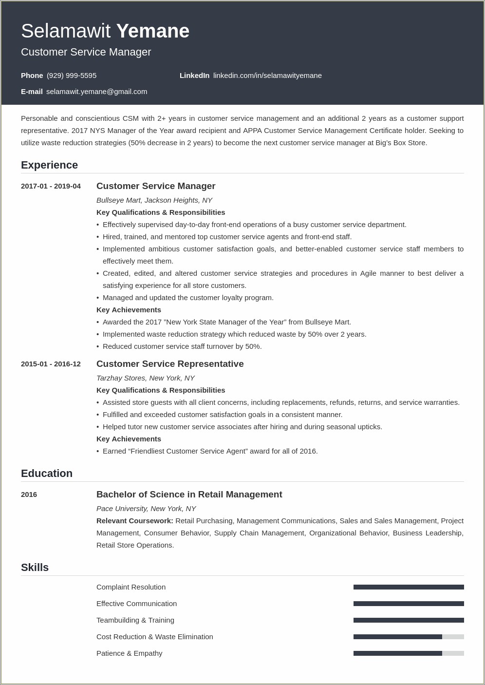 One Page Customer Service Resume Examples