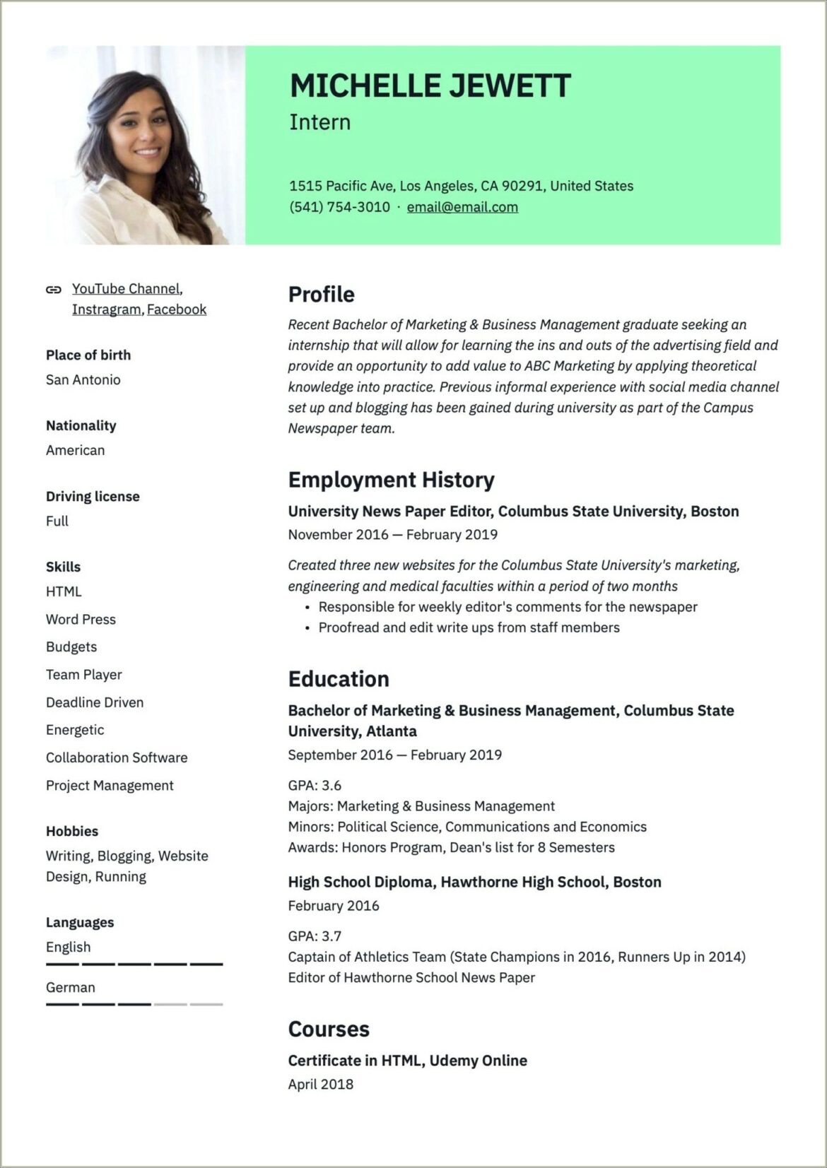 One Page Resume Example Internship It