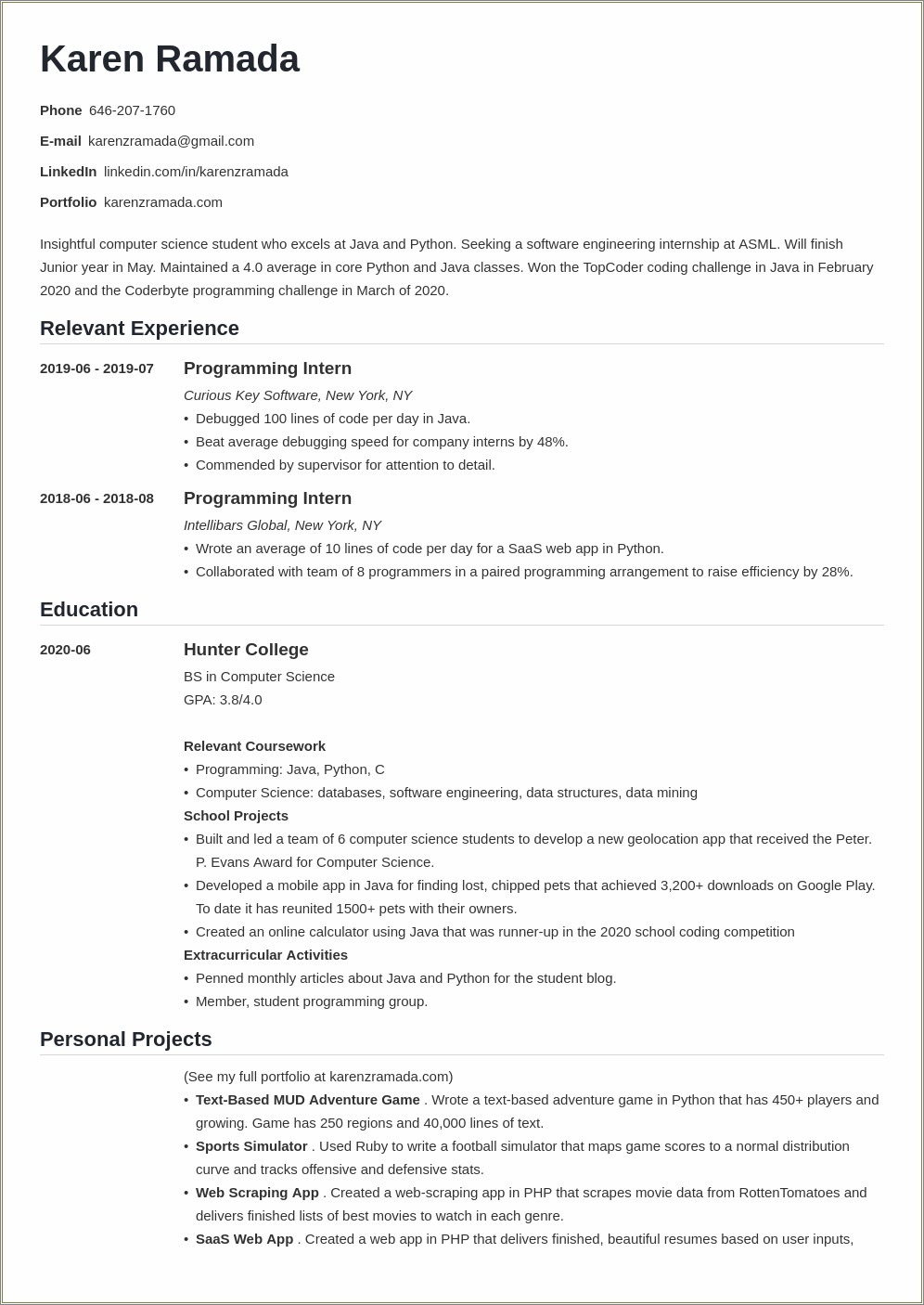 One Page Resume Example Internship It Tech