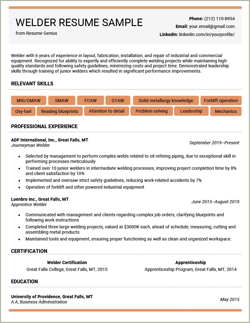 One Page Resume For Construction Job