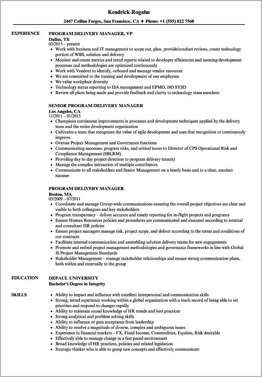 One Page Resume For Delivery Manager
