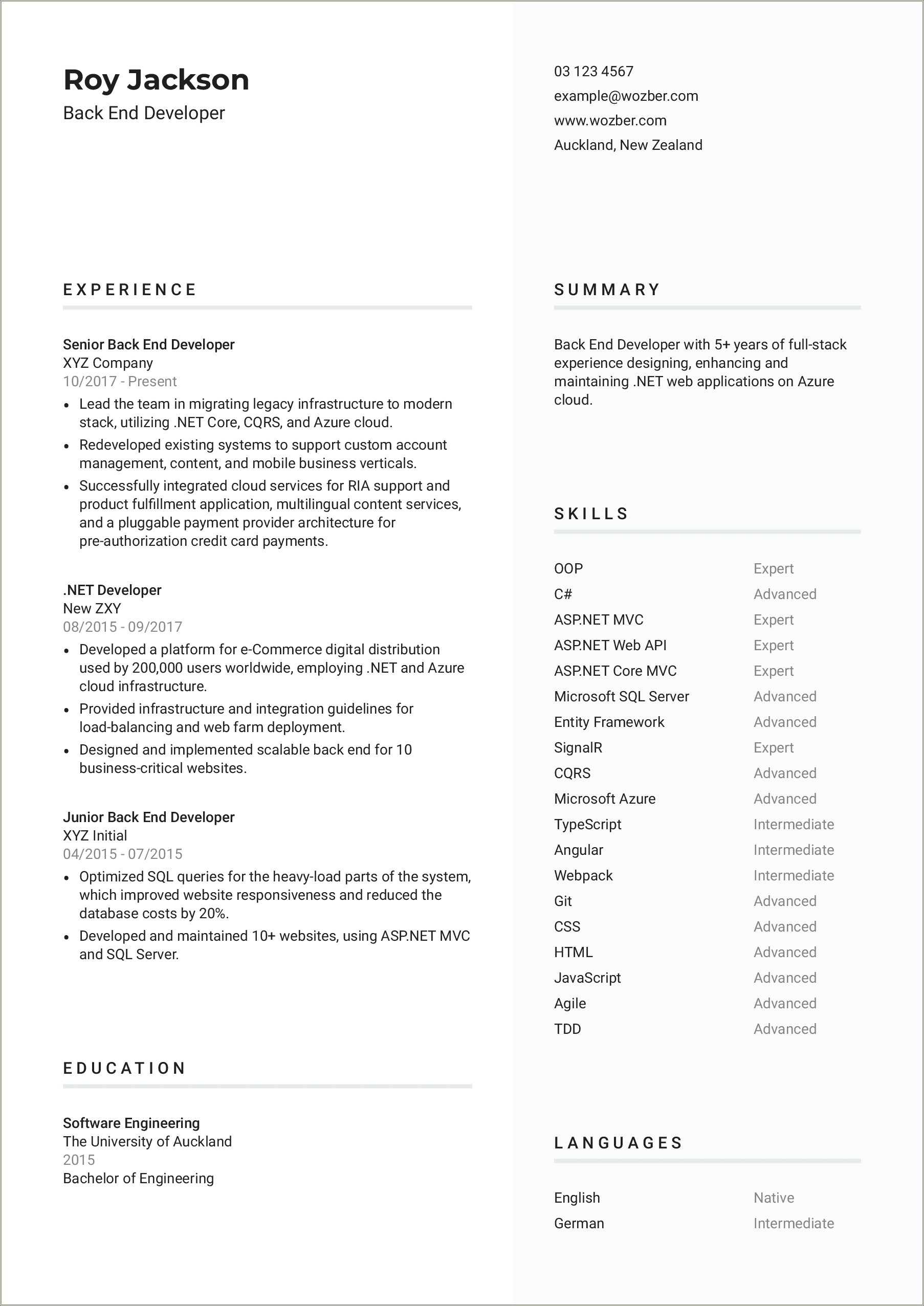 One Page Resume For Java Developer Sample Resume