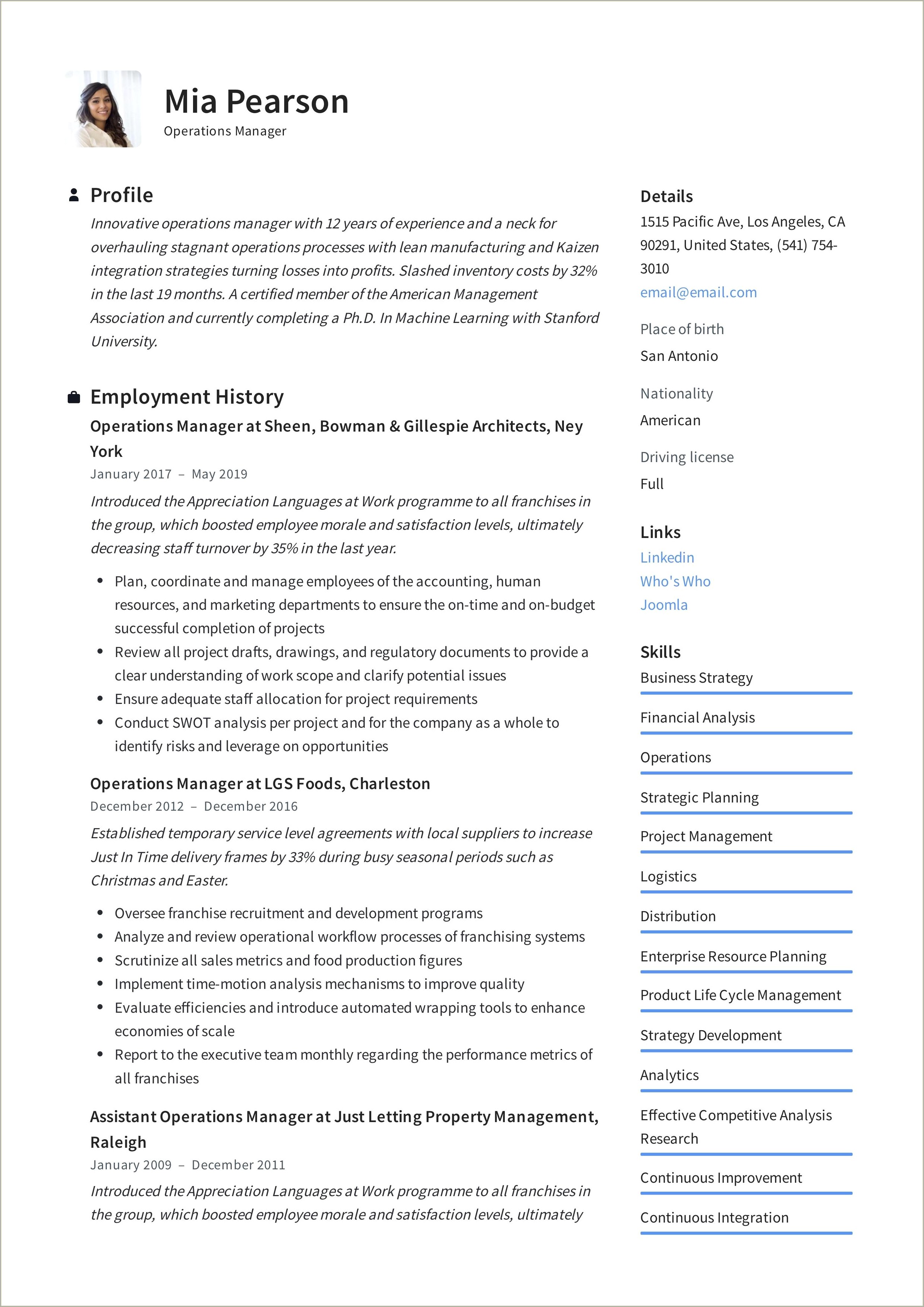 One Page Resume For Operations Manager