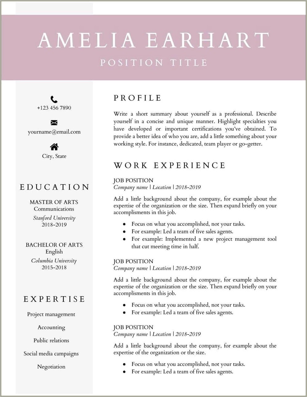 One Page Resume Template Free Doc