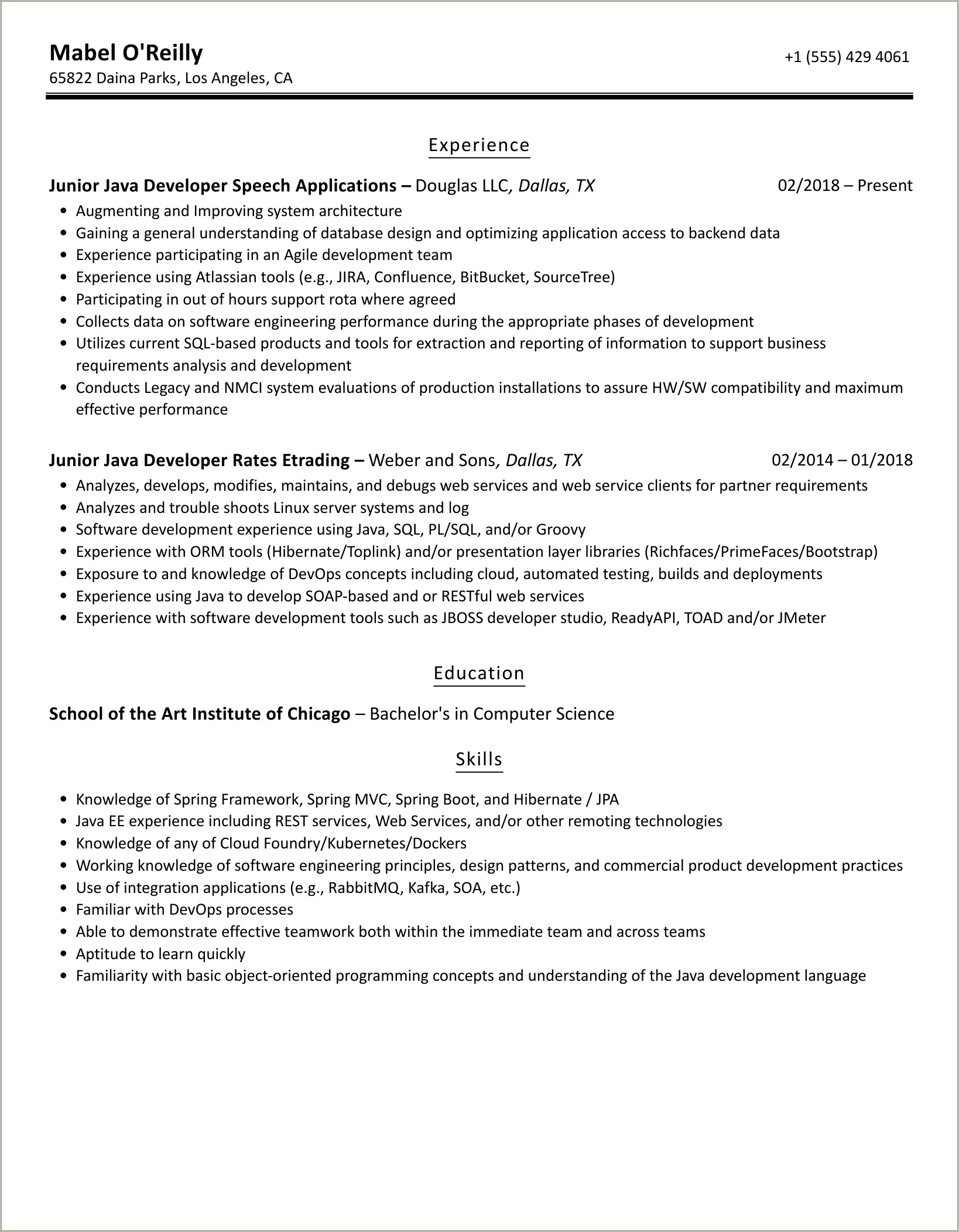 One Year Experience Resume For Java Developer