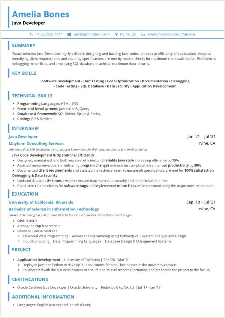 One Year Experience Resume Format Java Developer