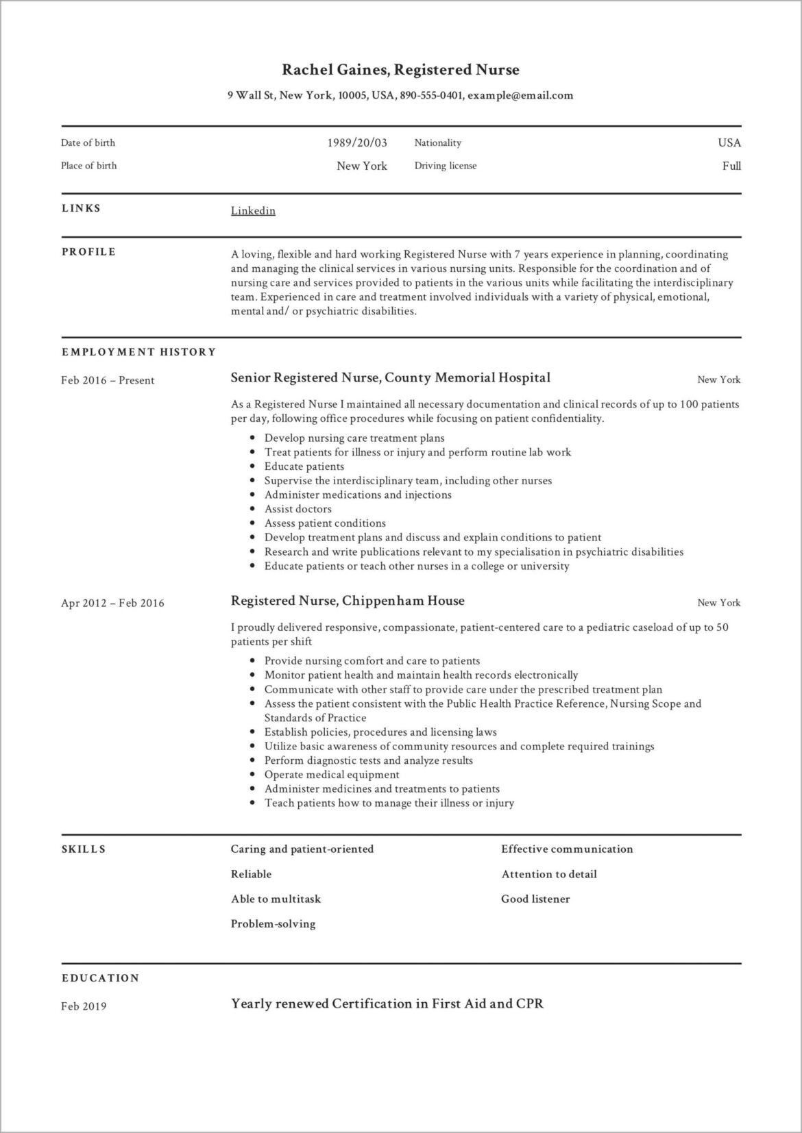 One Year Of Experience Resume Nursing