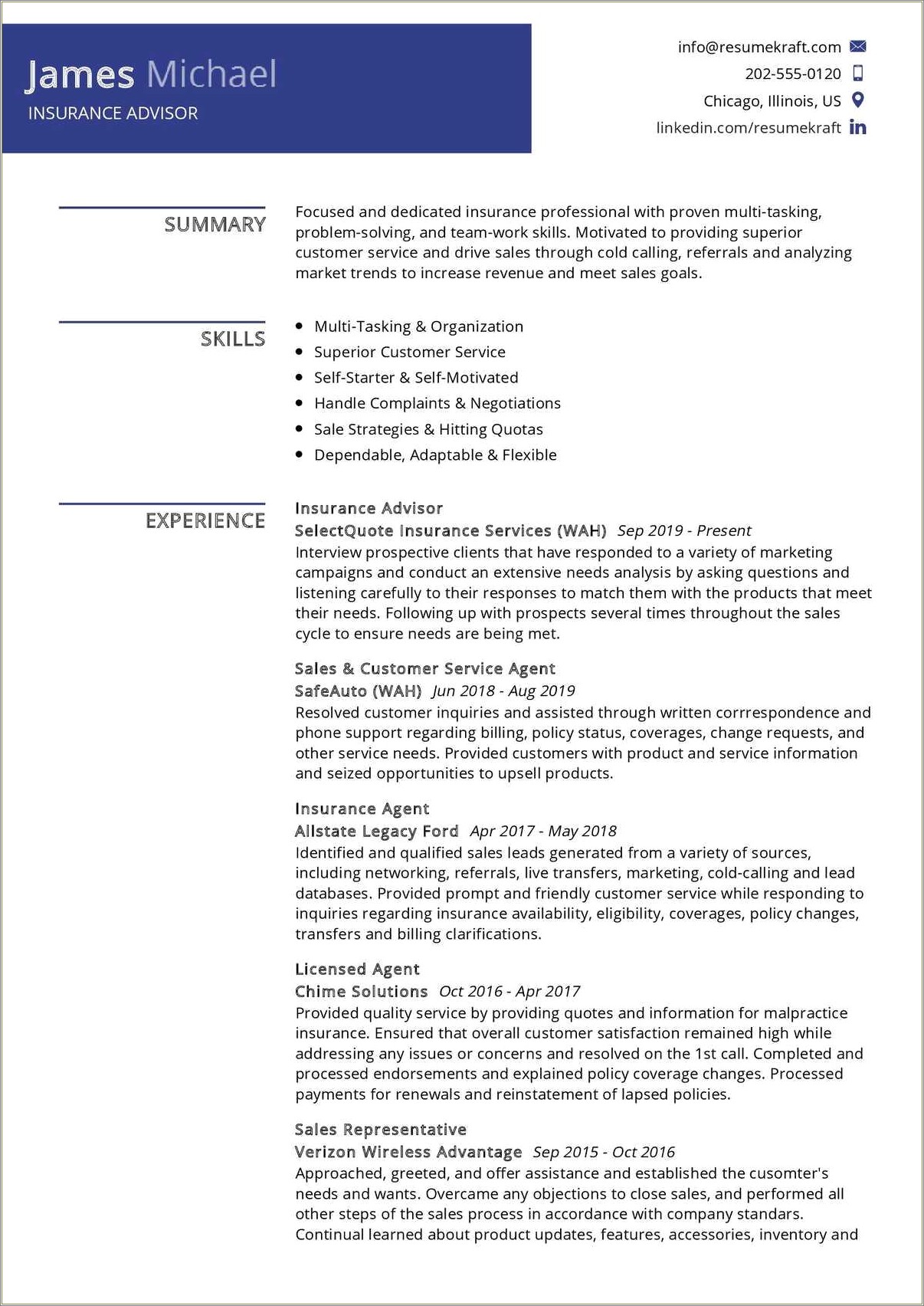 Online Chat Agent 2018 Resume Summary