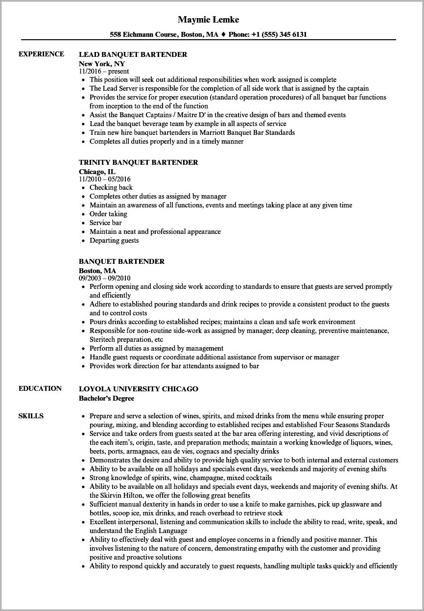 Opening Lead Mixologist Job Description Resume