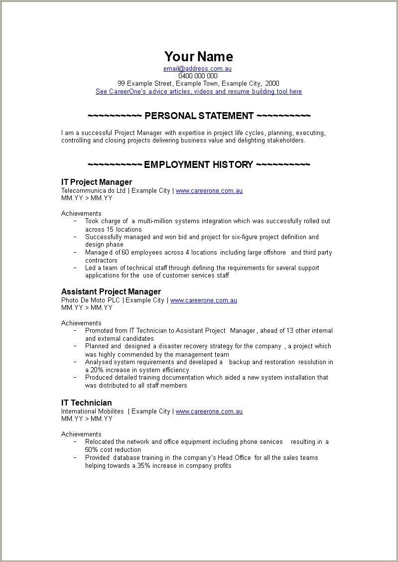 Opening Statement On Resume For Project Manager