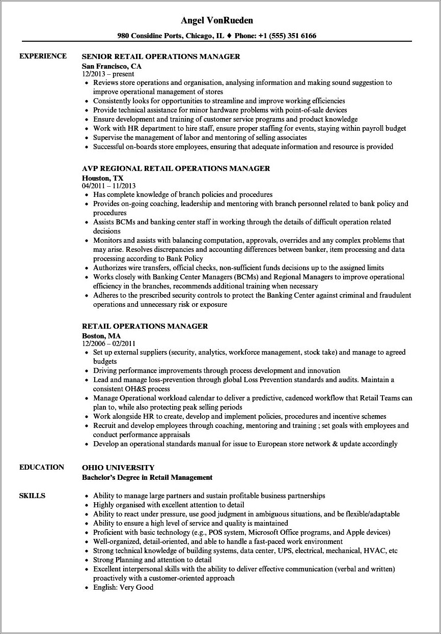 Operasional Manager Skills On A Resume