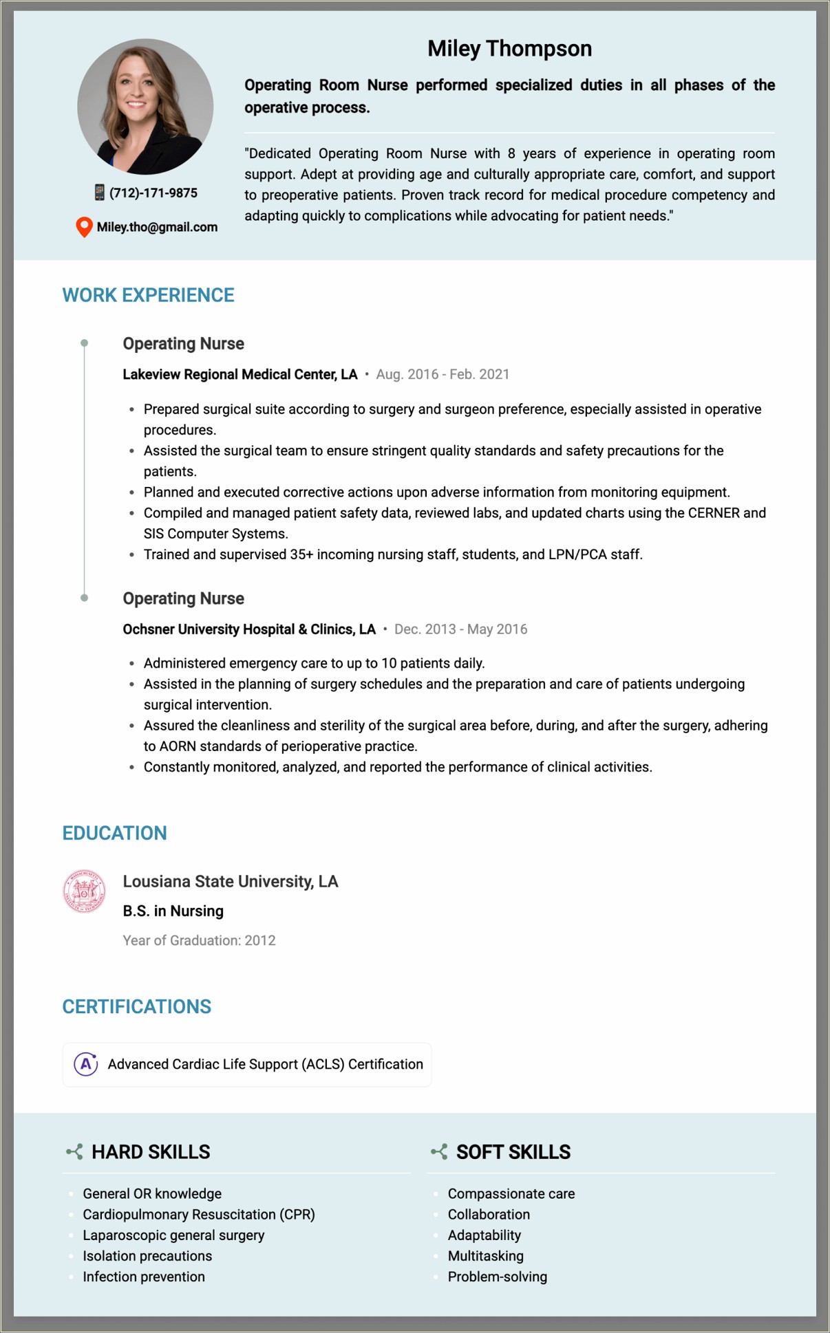 Operating Room Charge Nurse Job Description For Resume