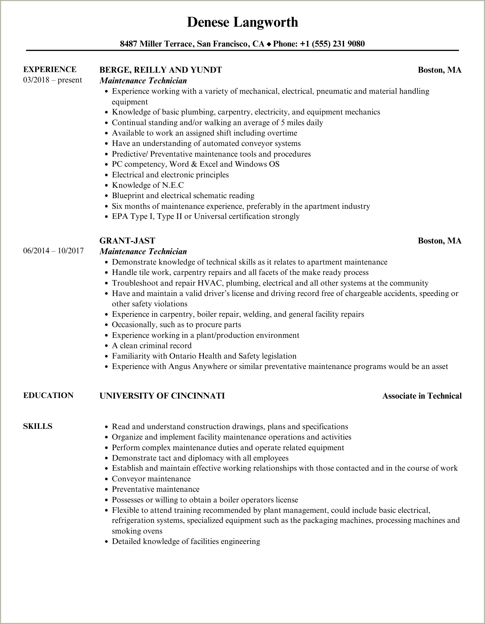 Operation And Maintenance Technician Resume Sample Monster