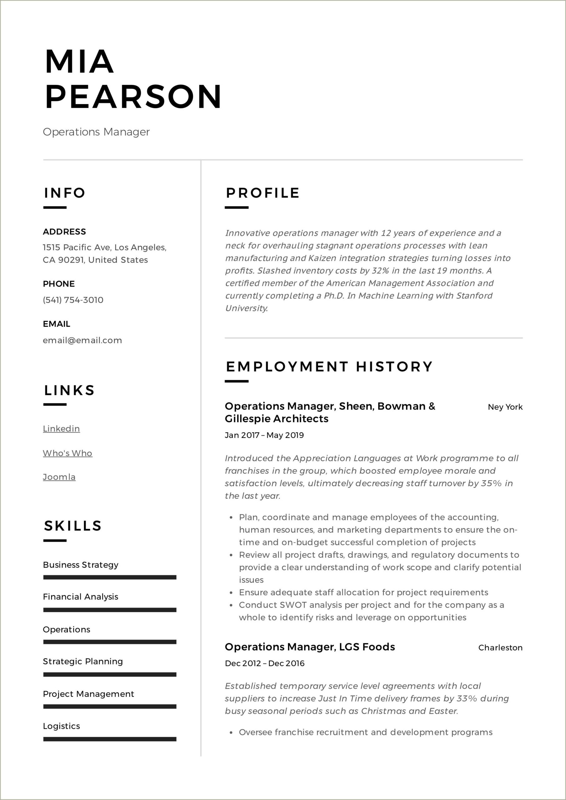 Operation Manager Job Description Resume Sample