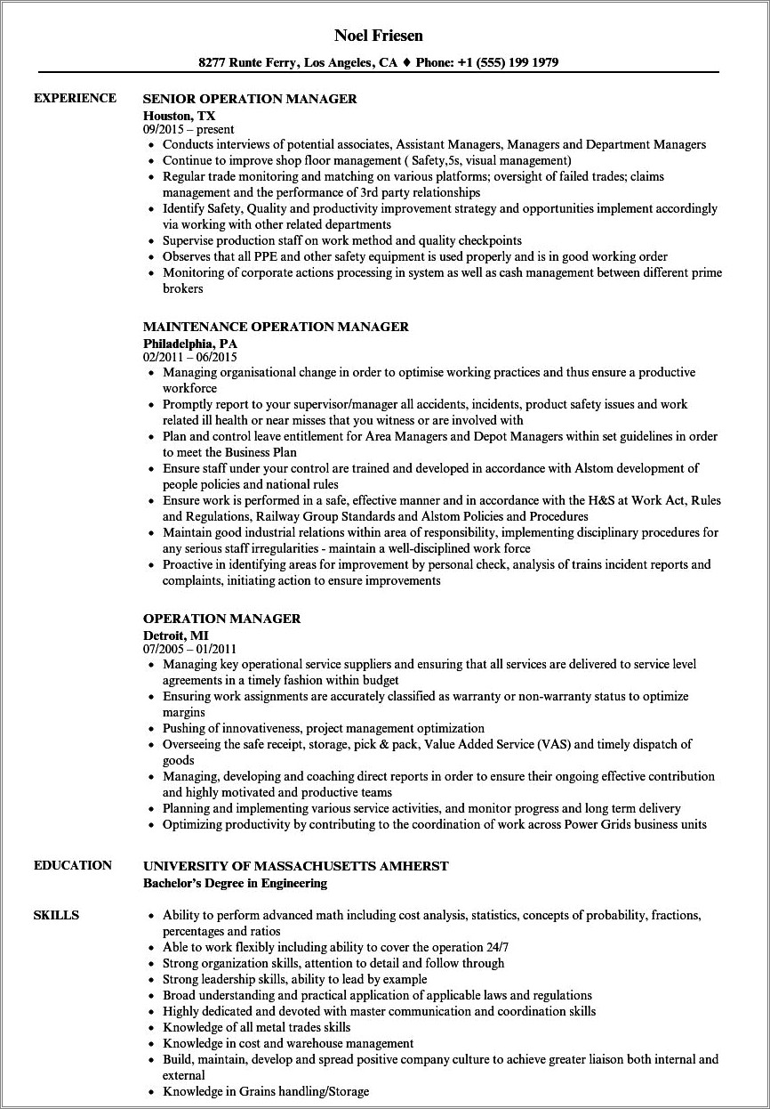 Operations Manager Job Description For Resume