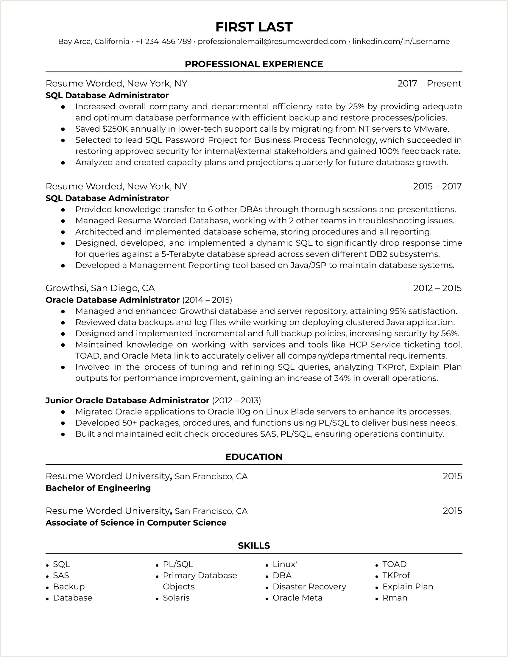 Oracle Database Administrator Resume With 3 Years Experience